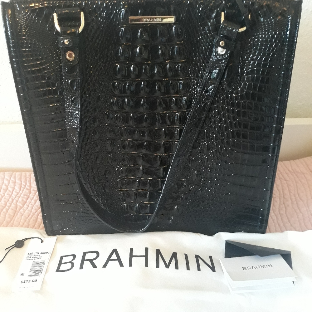 NEW LARGE BLACK BRAHMIN GENUINE LEATHER CAROLINE PURSE WITH BAG.